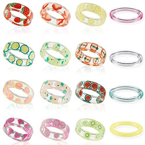 Anillos Bisutería - 16 Pieces Cute Acrylic Resin Fruit Rings