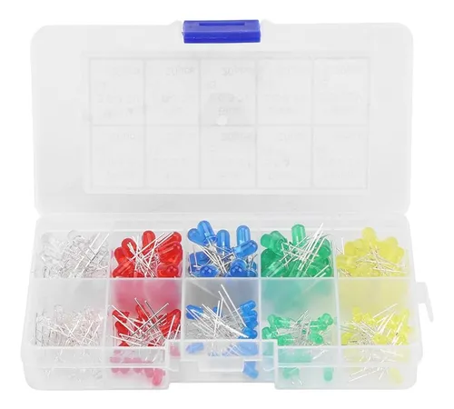 Assortiment De 200 LEDs 3mm - 5 Couleurs (blanc, Rouge, Bleu, Jaune, Vert) - LEDs Claires Et Diffusantes - Avec Boîte De Rangement - Neuf Sous Blister