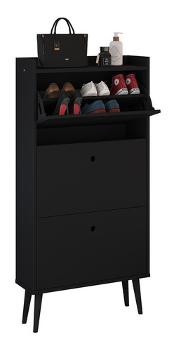 Sapateira Dark Preto 3 Portas Articuláveis Prateleira Closet