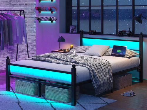 Metal Cama Queen Size Cabecera Luces Led Usb Recamara210x154