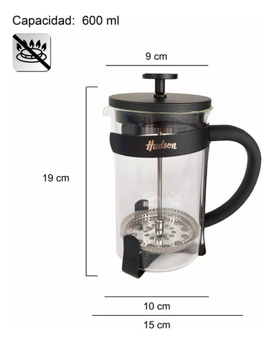 Cafetera Vidrio Acero Inoxidable Prensa Francesa 600ml Negra Negro