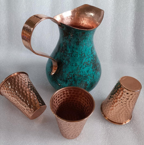 Jarra Verde Con 3 Vasos (set 4 Piezas) 100% Cobre De Lujo. Verde