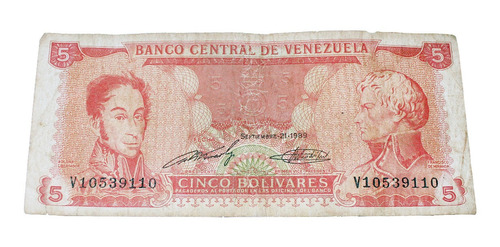 Billete De 5 Bolívares 21 Septiembre 1989 Serial V10539110