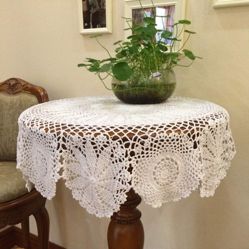 Mantel Redondo De Encaje De Algodón Blanco, 89 Cm