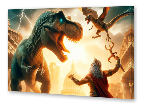 Cuadro 16x24cm Zeus Dios Pelea Tiranousario Dino Ciudad