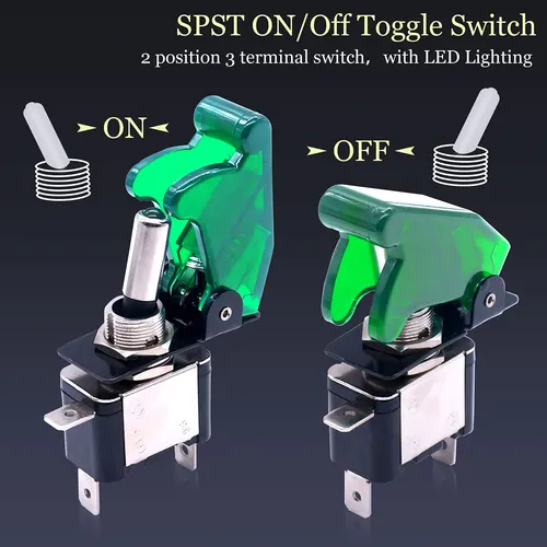 Boton De Palanca Switch On/off Led 12v 20a 3p C/tapa Verd 3u