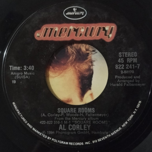 Al Corley Square Rooms Simple Vinilo 7 Ps Usa 1984 Estándar (Usado)