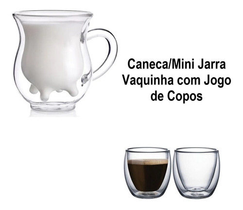 Imagem 1 de 9 de Jogo Caneca Xícara Jarra Vaquinha Com 2 Copos De Vidro
