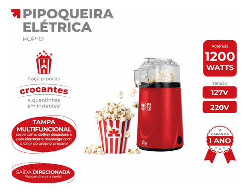 Pipoqueira eletrica pipocas Kian POP-01 Pipoca Direto Tijela 1200w cor vermelho - 127V