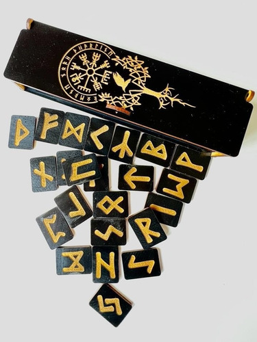 Imagen 1 de 2 de Set Runas Vikingas Talismán Color Negro + Cajita De Regalo