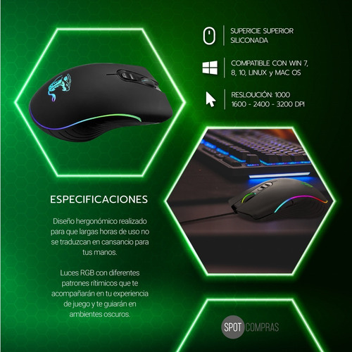 Imagen 6 de 10 de Mouse De Juego Aiwa Constrictor Rgb 7 Botones 3200 Dpi