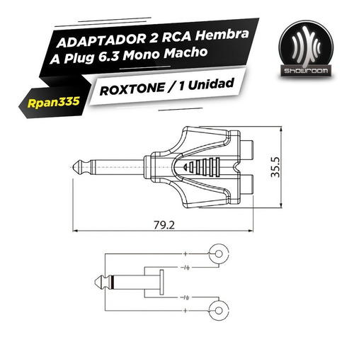 Imagen 3 de 7 de Adaptador 2 Rca A Plug 6,3 Mono Macho Roxtone Rpan335