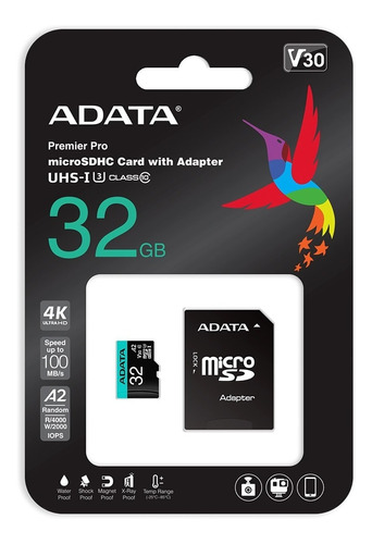 Tarjeta de memoria Micro Sdxc 32 GB 4k Adata Class10 Alta Resistencia Premier Pro Video Monitoring