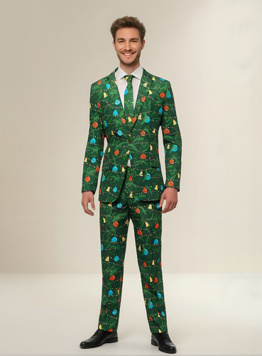Traje Verde Con Estampado Navideño Y Saco Con Luz Real