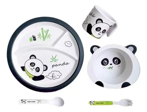 Set Vajilla Platos Oso Panda Bebe Infantil Bambú X 5pcs
