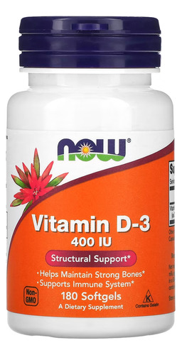 Vitamina D-3 Now Foods 400 Iu 180 Caps Softgels Sabor Sem sabor