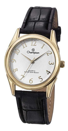 Relogio Champion Feminino Dourado Couro Social Original Cor da correia Preto Cor do fundo Branco