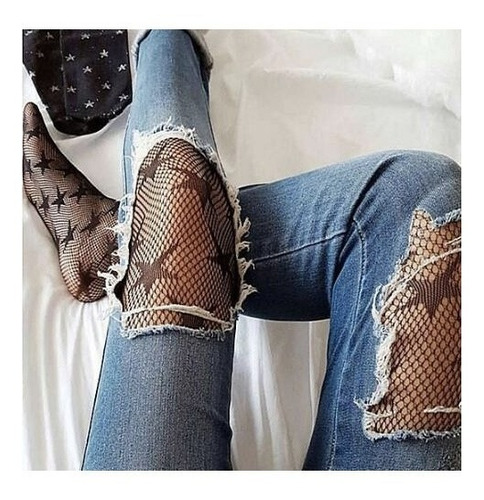 Medias Elasticas Estrellas Negra Malla Rejilla Mujer Premium Negro Unitalla