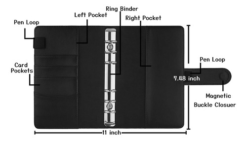 Antner Carpeta De Piel Sintética A6 Recargable Con 6 Anillas Para Papel De Relleno A6, Tapa De Carpeta Personal De Hojas Sueltas Con Cierre De Hebilla Magnética, Color Negro