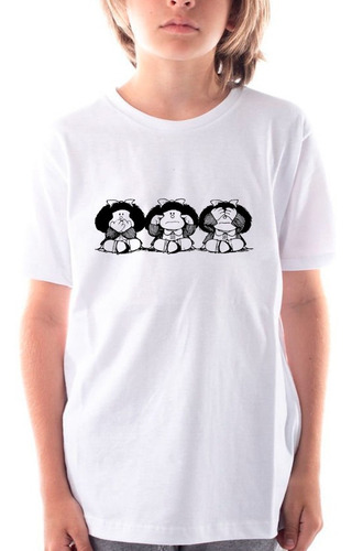 Imagen 4 de 6 de Remera Blanca Mafalda 3 Monos Sabios Hombre Mujer Niños
