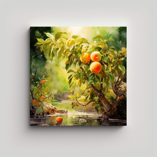 20x20cm Cuadro Composición Acuarela Vida Árboles Fruta