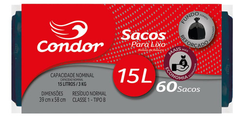 Saco Para Lixo Tipo B 15l Condor 60 Unidades Mais Economia