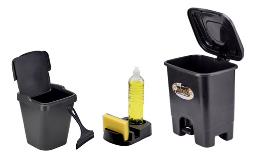 Kit Cozinha 4pçs Porta Detergente Esponja Lixeira 13l E Rodo