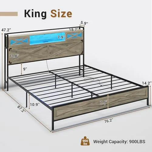 Cama King Con Luces Led Y Estación De Carga, Rústica Con Alm