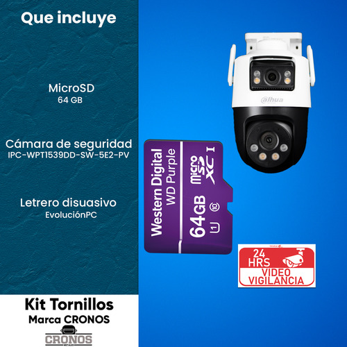 Kit Cronos Cámara De Seguridad Dahua Ip Pt Ipc-wpt1539dd-sw-5e2-pv Wifi Cruiser Dual 10mp Imagen A Color 24/7 Audio Doble Vía Alarma Auto Tracking + Microsd 64gb + Accesorios Cctv Wpt1539d-plus-64