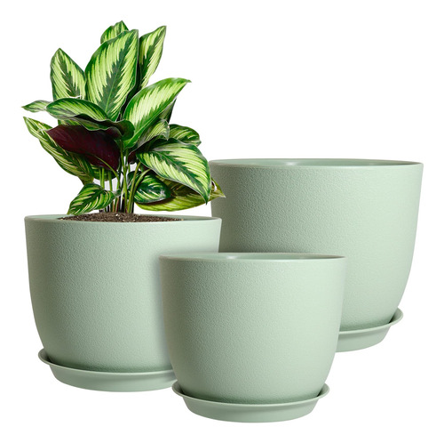 Set 3 Macetas Modernas De Plástico Con Platillos Para Planta