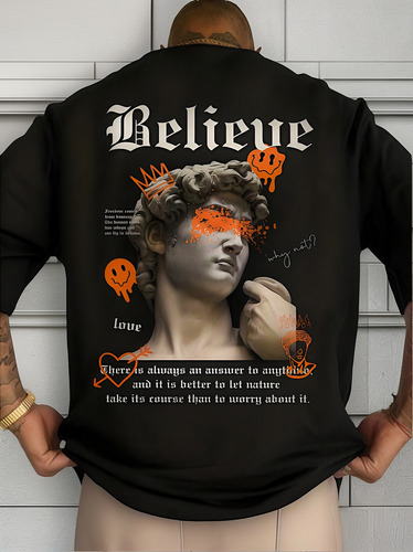 Shein Camiseta Hombre Oversized Estampado De Ángel Negra