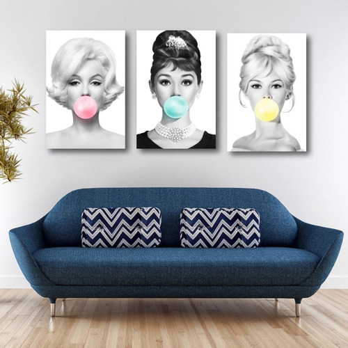 Cuadro Marilyn Monroe Audrey Hepburn Chicle Gum Set 3 60x40