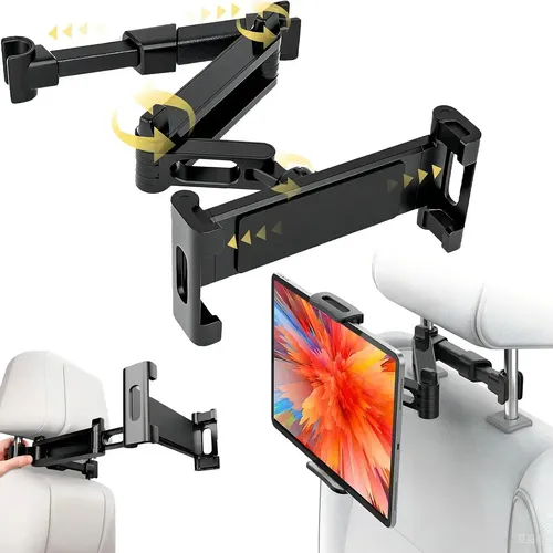 VAKRNY Soporte Tablet Coche 360° Giratorio, Clip Reposacabezas 10-15 cm, Compatible 4.7-12.9", Antivibratorio, Instalación sin Herramientas, para Viajes y Niños, Negro