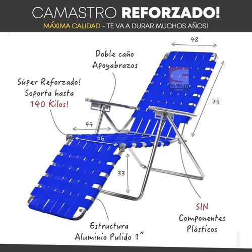 Imagen 4 de 10 de Reposera Cama Camastro Apoya Pies Aluminio 140 Kg Alumel 160