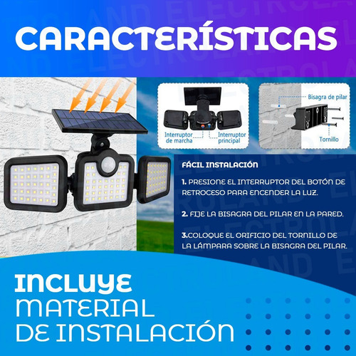 Reflector Led Solar 3 Cuerpos Exterior Cobertura 270º 108led