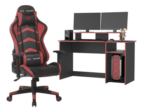 Combo Escritorio Y Silla Gamer, Rojo Y Negro