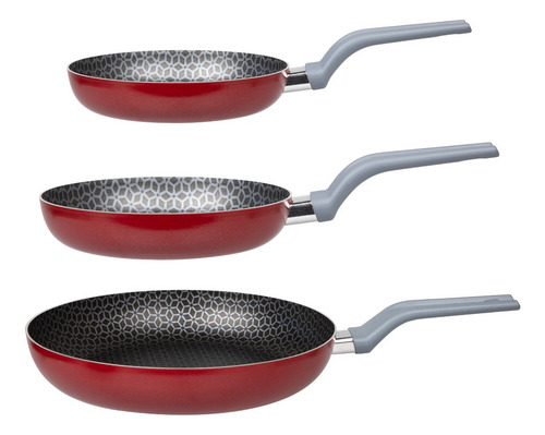 Juego De 3 Sartenes + Tapa De Cristal Ekco C/antiadherente Rojo