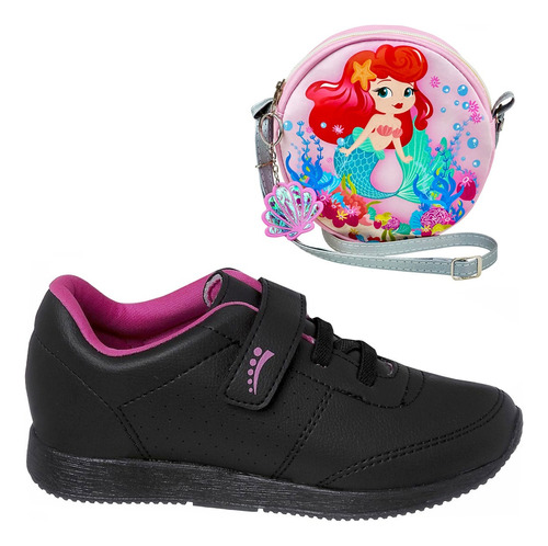 Kit Tênis Infantil Jogging Menina + Bolsa Sereia Escolar