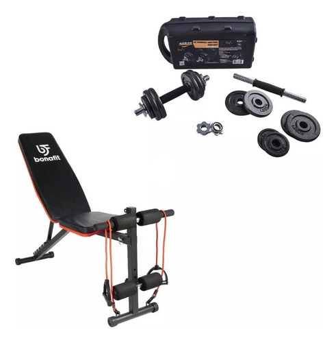 Kit Dumbbell Até 15kg + Banco Ajustável Treino Bonafit Preto