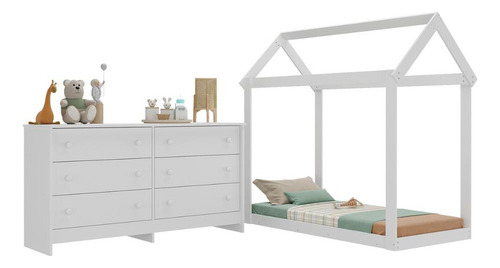 Cama Infantil Montessoriana para Colchão 150 x 70cm com Cômoda Bambolê Multimóveis MX4287 Branco