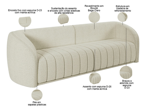 Kit Sofá 5 Lugares Para Sala 332cm com 01 Poltrona Lazio M03 Bouclê Bege Claro