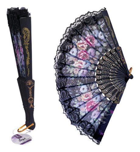 Kit 6 Leques Japonês Oriental Tecido Floral Com Renda