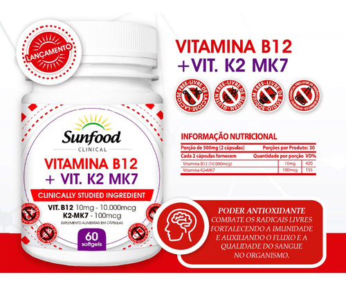 Vitamina B12 + Vitamina K2 Mk7 - 60 Caps - Sunfood Clinical Sabor Without flavor
