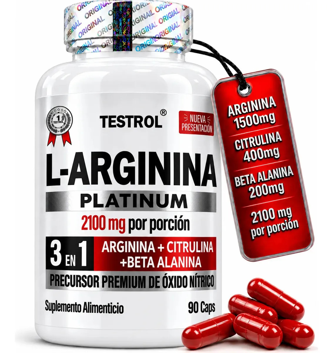 Arginina Platinum 2100mg por porción | L Arginina + L Citrulina + Beta Alanina | Pre Workout | Pre Entreno sin Cafeina | Precursor de Oxido Nítrico | Testrol 90 Cápsulas