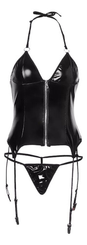 Corset Con Portaligas Y Tanga De Vinilo Lenceria Femenina