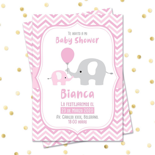 Invitación Digital + Imprimible Elefante Rosa Baby Shower M2