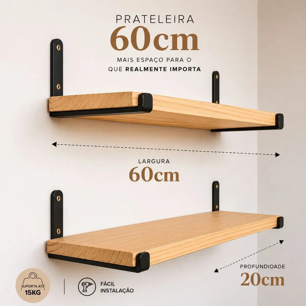 Kit 2 Prateleiras 60x20cm Madeira Maciça Premium Decorativa Preto/madeira