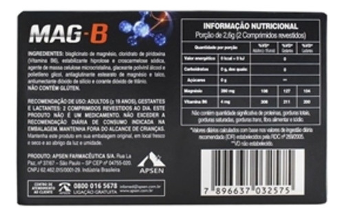 Suplemento Apsen Magnésio Complexo B Comprimidos - Caixa.
