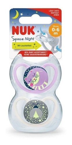 Imagen 2 de 10 de Set De 2 Chupetes Space Night Nuk 0-6 Nena Nocturno-luminoso