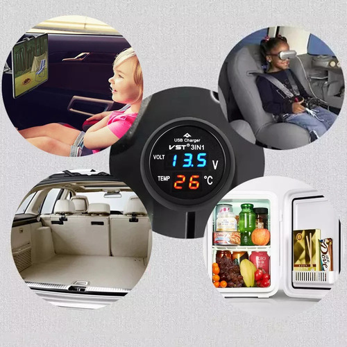 Cargador De Coche Usb 3 En 1, Voltímetro Y Termómetro Led